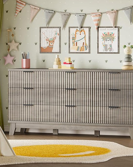 BORNOON 63" Long Dresser for Bedroom, 9-Drawer Fluted Dresser, Extra-Wide Wood Chest of Drawers with Smooth Metal Slides, Stable Base, Modern Clothes Storage Cabinet for Living Room, Hallway, Nursery