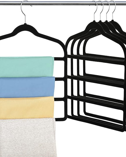Velvet Pants Clothes Hanger Space Saving Non Slip Pants Shorts Hanger, Myfolrena Jeans Slack Trousers Hangers Multiple Velvet Hanger Closet Storage and Organization for Jeans,Scarf,Tie(Black, 5)