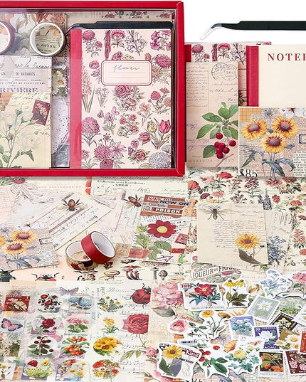 emmoolife Vintage Aesthetic Scrapbooking Supplies Kit, Flowers Botanical Bullet Junk Journal Kit with Journaling Supplies, Tweezers, A6 Grid Notebook,Stationery,Sticker, Birthday Craft Gift for Adult