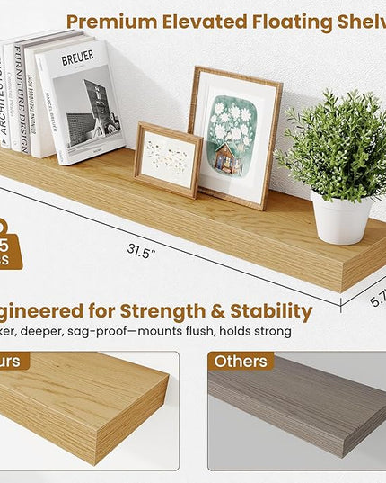 Fun Memories Bathroom Shelves 32 Inch Long Set of 2, Floating Shelves for Wall with Invisible Brackets, for Bedroom, Living Room, Kitchen, Oak