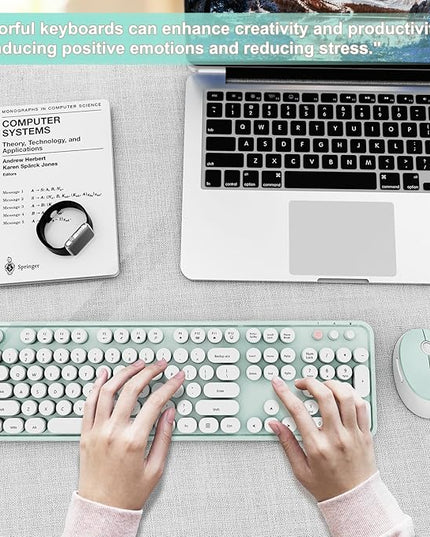 Wireless Keyboard and Mouse Combo, Ergonomic Full Size Typewriter Retro Round Keycaps Keyboard, Compatible with Windows, PC, Perfer for Home and Office Keyboards（Green）