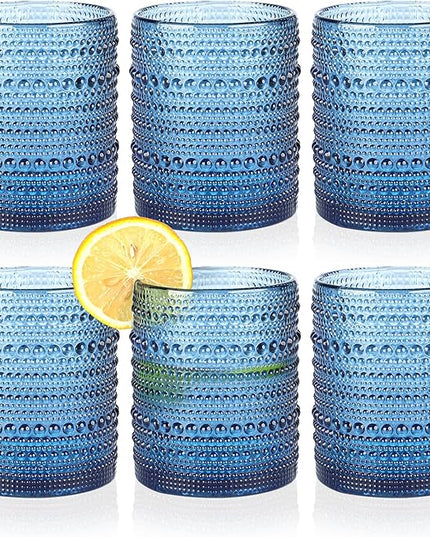 Hobnail Drinking Glasses Set of 6,12oz Blue Vintage Glassware,Cocktail Glasses,Embossed Glass Cups,Water Tumbler for Whiskey, Juice and Various Mixed Drinks