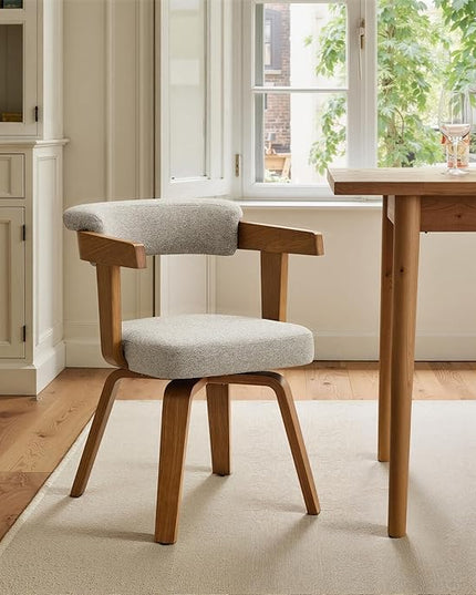 Fat Ant Office Chair No Wheels - Mid Century Modern Desk Chair, Fabric Upholstered Accent Arm Chair with Walnut Legs for Small Spaces Home Office Living Room Bedroom Study, Grey