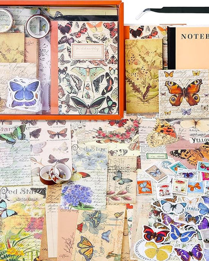 emmoolife Vintage Aesthetic Scrapbooking Supplies Kit, Butterfly Junk Journal Scrapbook Kit with Journaling Supplies, A6 Grid Notebook, Stationery, Birthday Craft Gift Set for Teen Girl Women