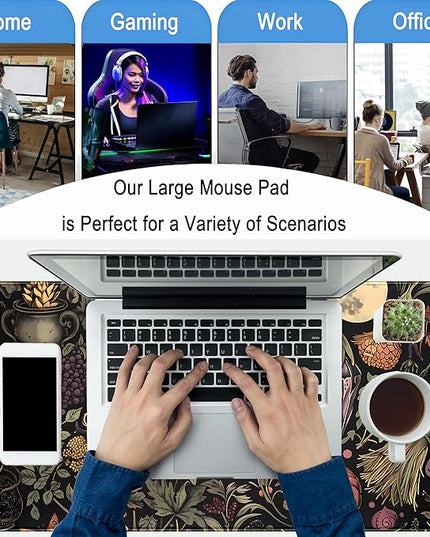 Desk Mat Botanical Witchery Mouse Pad Gaming Mat Dark Keyboard Mat, Long Mouse Mat XXL Extended Desktop Pad Computer Mats with Stitched Edges, Office Desk Accessory Home Decor 31.5" x 15.7"