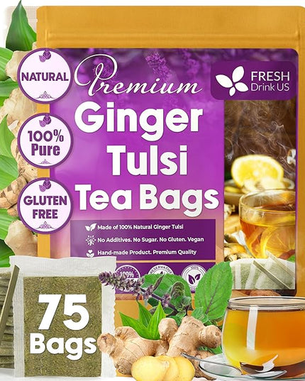 FreshDrinkUS, Premium 75 Ginger Tulsi Tea Bags, 100% Natural, Hand-made Blend of Ginger and Tulsi Holy Basil Leaves, Eco-conscious Tea Bags. Herbal Tea. No Sugar, No Caffeine, Vegan.