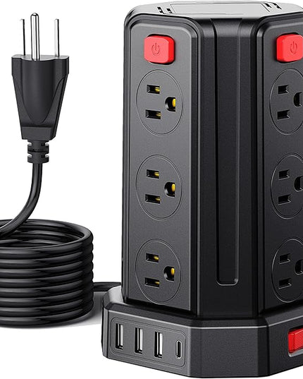 Power Strip Surge Protector, 10 Ft Extension Cord with 12 AC Multiple Outlets 4 USB (1 USB C), SMALLRT Power Tower Desktop Charging Station (Black, 16.4 FT)
