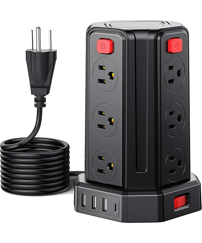 Power Strip Surge Protector, 10 Ft Extension Cord with 12 AC Multiple Outlets 4 USB (1 USB C), SMALLRT Power Tower Desktop Charging Station (Black, 16.4 FT)