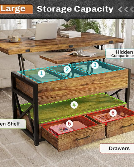 Itaar 40" Lift Top Coffee Table, 4 in 1 Coffee Tables with Storage for Living Room, Small Farmhouse Coffee Table with 2 Drawers & LED Light for Dining Reception Room, Rustic Brown