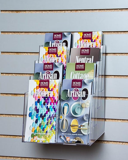 Clear-Ad Acrylic Slatwall Brochure Organizer - 4 Tier Pamphlet Holder with Removable Dividers - Desktop or Wall Mount Flyer Display Stand - LHF-Z84 (Pack of 1)