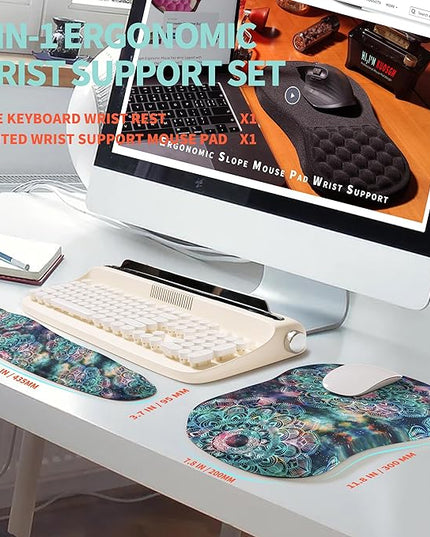 2-in-1 Ergonomic Set, Wave Rise Keyboard Wrist Rest and Massage Bulge Slope Mouse Pad Wrist Support, Cushion Memory Foam Integrated to Relieve Wrist Pain, Galaxy Mandala