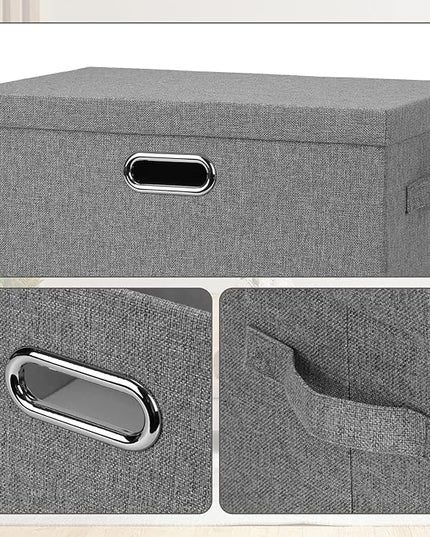Large 17" 36 Quart Collapsible Stackable Storage Bins with Lids, 3 Packs Grey Linen Fabric Closet Boxes with Lids, Storage Cube Baskets Container Organizers for Bedroom Office(17 x12 x11)