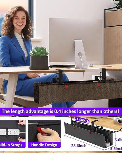 Under Desk Cable Management Tray - Under Desk Cord Management - Clamp/Screw Mount - Fabric Wire Management - Cable Raceways Tray Cord Hiders for Office/Home (Black, 28.6"×5.6")