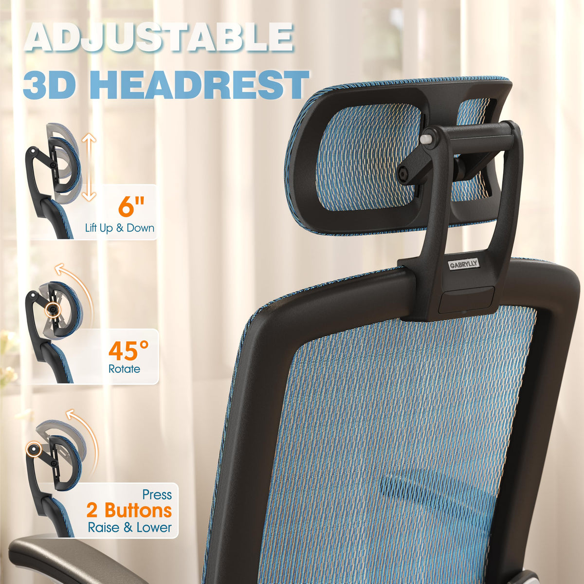 GABRYLLY Ergonomic Office Chair, High Back Home Desk Chair with 2D Flip-Up Arms, 3D Headrest, 90-120° Tilt and Wide Cushion, Big and Tall Mesh Chairs for Man Woman, Blue Computer Task Chair