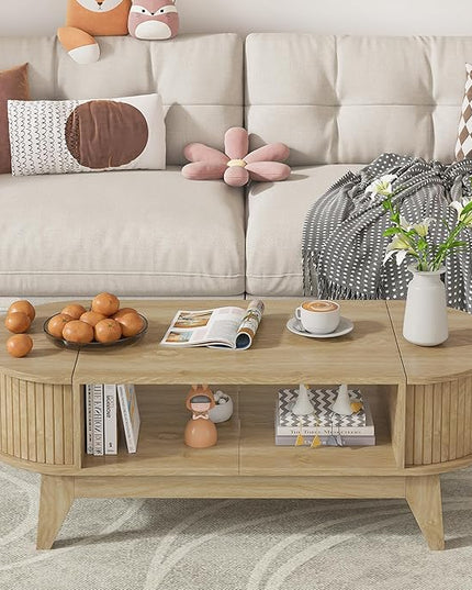 Coffee Table with 2 Hidden Storage,Mid Century Modern Coffee Table with Fluted Finish,Wood Center Tables Oval Coffee Tables with Flip-Top Lids for Living Room Home Office (Oak)