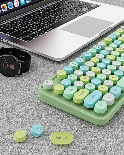 Wireless Keyboard and Mouse Combo, Ergonomic Full Size Typewriter Retro Round Keycaps Keyboard, Compatible with Windows, PC, Perfer for Home and Office Keyboards (Green