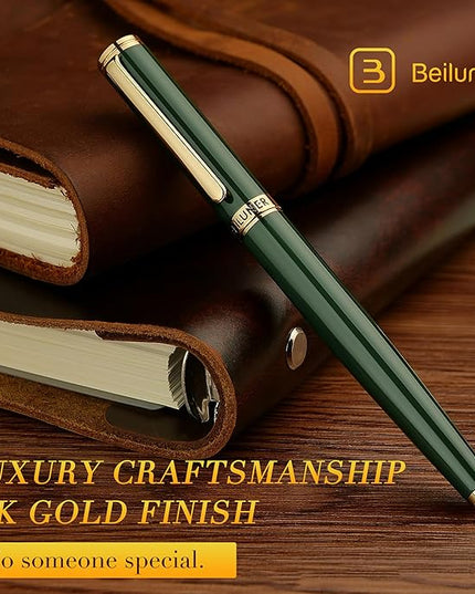 BEILUNER Racing Green Fountain Pen,Stunning Luxury Pens with 24K Gold Finish, Gorgeous 24K Gilded Nib(Fine), Trustworthy Gift for Men&Women -Ink Converter-Elegant, Graduation,Fancy Pen for Writing