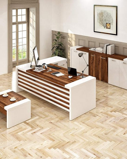Leon 87" Wood Office Furniture Set of 3pcs | Executive Right Side L Shaped Corner Desk & File Drawers w/Telescopic Rail | Coffee Table | Storage Cabinet w/Chrome Handles | Modern Home Workstation