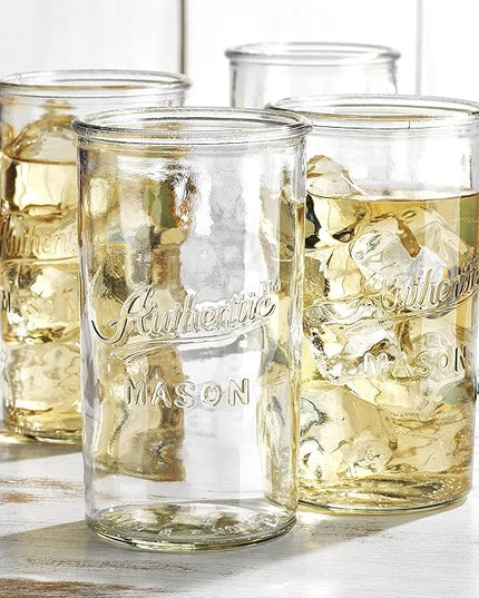 Glaver's Drinking Glasses – Set of 4 Authentic Mason Vintage Glassware – Clear Glass Tumblers for Cocktails, Water, Juice – Embossed Vintage Drinking Glasses (Highball 18 oz 7983)