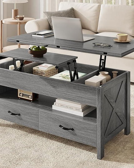 Marsail 40" Lift Top Coffee Table, 4 in 1 Coffee Table with Hidden Compartment, 1 Open Shelf and 2 Drawers, Multifunctional Farmhouse Center Table for Living Room and Home Office, Gray