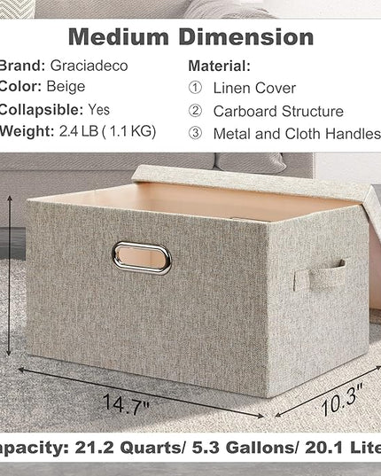 Medium 15" 21 Quart Collapsible Stackable Storage Bins with Lids, 1 Pack Beige Foldable Fabric Closet Storage Boxes with Lids, Heavy-duty Linen Baskets for Bedroom