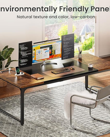 Huuger 71 x 31.5 Inch Desk with Power Outlets & USB-C, 1.2 Inch Thicker Desktop, Robust Metal Tubes, Deep Computer Desk, Heavy Duty Office Desk, Work Desk, Rustic Brown and Black