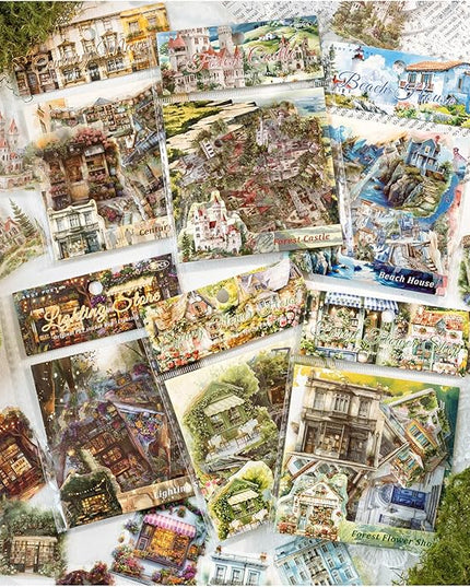 Dwpetzo 6 Pack 180Pcs Nature Scenery Tree House Cottage Castle Manor Scene Stickers for Journaling, Transparent PET Stickers for Scrapbooking, Junk Journal Supplies, Bujo, Collage