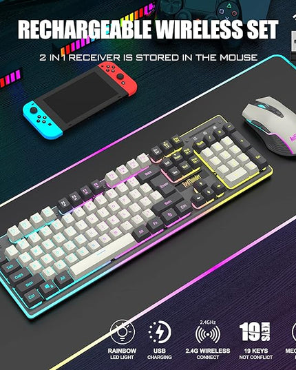 RedThunder K10 Wireless Gaming Keyboard and Mouse Combo, LED Backlit Rechargeable 3800mAh Battery, Mechanical Feel Anti-ghosting Keyboard + 7D 3200DPI Mice for PC Gamer (White-Gray)