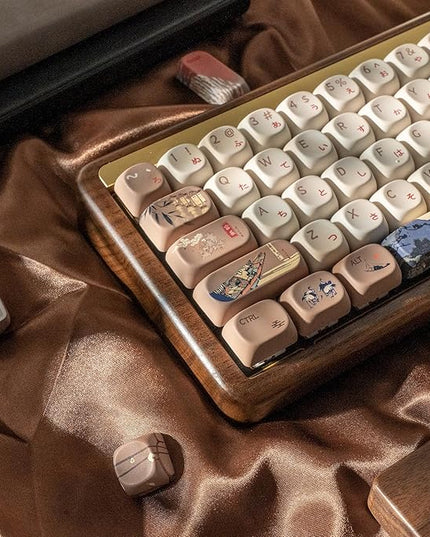 OHY XVX MOA Profile Japanese Fuji Mountain Theme PBT Keycaps Set, 140-Key Coffee & Cream Custom Keycaps for US Layout Mechanical Keyboards (Brown/Beige Design with Key Puller)