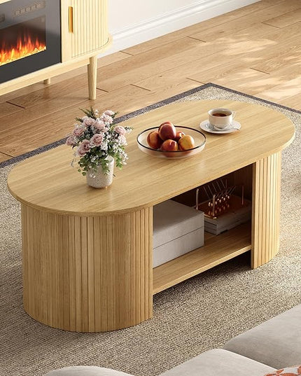 OneBlis Oval Fluted Coffee Table, 2-Tier Center Table with Large Storage, Mid-Century Modern Wood Coffees Table for Living Room, Home Office, Small Space, Oak