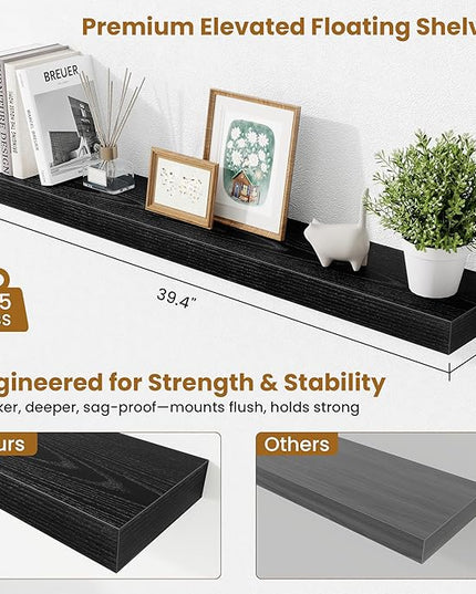 Fun Memories 40 Inch Floating Shelves, Long Wood Wall Shelf Set of 2 with Invisible Brackets, for Bathroom, Living Room, Bedroom, Kitchen, Black