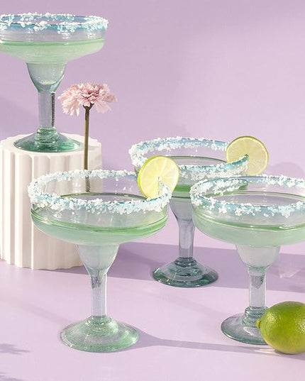 MyCajita Mexican Glassware, Aqua Rims 16oz Margarita Glasses, Set of 4 Unique Hand Blown Glass, Handcrafted by Talented Artisans Thick & Sturdy Easy to hold
