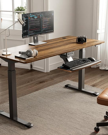 EUREKA ERGONOMIC Keyboard Tray Height Adjustable, Swivel Tilt Computer Keyboard Drawer Under Desk, 25x9.13'' Sliding Keyboard & Mouse Platform with Mouse Pad for Typing, Walnut