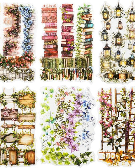 AuriicLeaf Bookish Garden PET Sticker Set, 120PCS Floral and Book Themed Scrapbooking Stickers, Waterproof Stickers for Journal, Diary, DIY Crafts