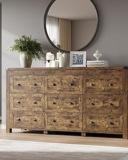 BORNOON 9-Drawer Dresser, Modern Wooden Storage Chest of Drawers, Dresser TV Stand, Wood Drawer Organizer with Metal Handles for Bedroom, Living Room, Hallway