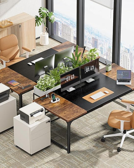 Huuger 71 x 31.5 Inch Desk with Power Outlets & USB-C, 1.2 Inch Thicker Desktop, Robust Metal Tubes, Deep Computer Desk, Heavy Duty Office Desk, Work Desk, Rustic Brown and Black