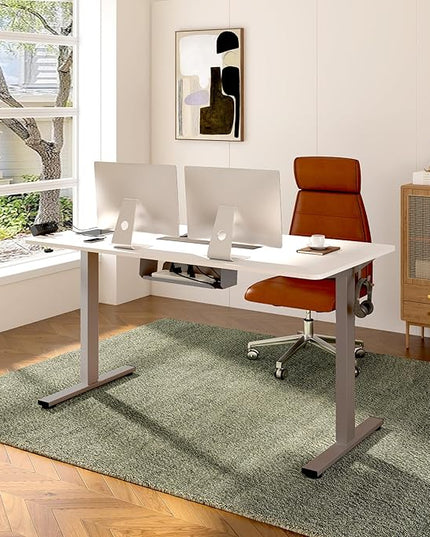 FLEXISPOT EN2 Whole-Piece Standing Desk with Clamp Power Strip, 55 x 28 Electric Stand Up Height Adjustable Desk with Cable Management (Gray Frame + 55" White Top, 2 Packages)