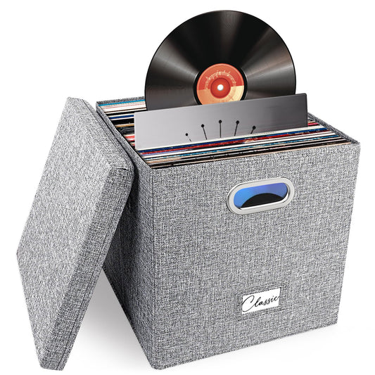 Vinyl Record Storage Box for 50+ LPs, 12-Inch Record Holder Case with Lid