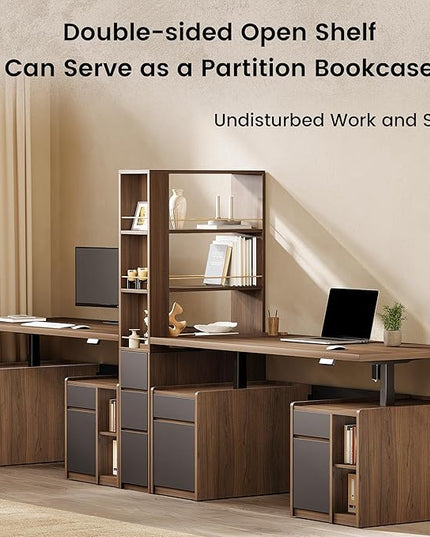Bookcase with 3 Drawers and Storage Shelves, 71''Tall Corner Bookshelf with 3 Tier Open Double-Sided Design, Multi Functional Organizer, Wood Bookshelves for Home/Office, Black Walnut