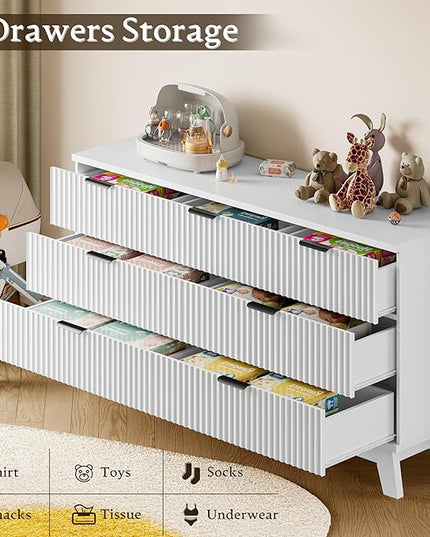 BORNOON 57" Long Dresser for Bedroom, 7-Drawer Fluted Chest, Wide Wood Storage Dresser with Metal Slides and Handles, Stable Base, Modern Clothes Organizer for Primary Suite, Guest Room, Nursery