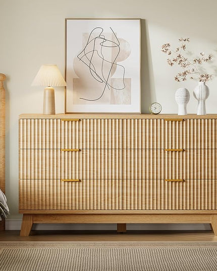 BORNOON 53" Long Dresser for Bedroom, 6-Drawer Dresser with Fluted Fronts, Wide Wood Chest of Drawers, Smooth Metal Slides, Stable Base, Modern Clothes Storage Cabinet for Living Room, Hallway