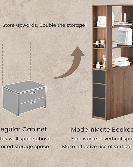 Bookcase with 3 Drawers and Storage Shelves, 71''Tall Corner Bookshelf with 3 Tier Open Double-Sided Design, Multi Functional Organizer, Wood Bookshelves for Home/Office, Black Walnut