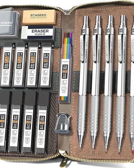 STAGEEK Metal Mechanical Pencil Set in Leather Case, 5PCS Art Drafting Pencil 0.3, 0.5, 0.7, 0.9 & 2mm Lead Holder, 9 Tube (4B 2B HB 2H Colors) Lead Refills for Drawing, Sketching, Writing (Silver)