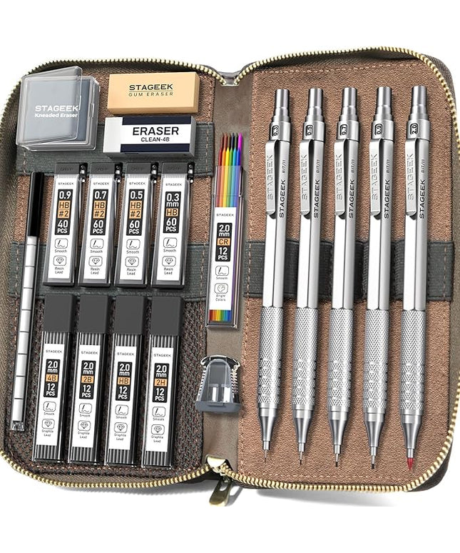STAGEEK Metal Mechanical Pencil Set in Leather Case, 5PCS Art Drafting Pencil 0.3, 0.5, 0.7, 0.9 & 2mm Lead Holder, 9 Tube (4B 2B HB 2H Colors) Lead Refills for Drawing, Sketching, Writing (Silver)