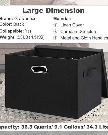 Large 17" 36 Quart Collapsible Stackable Storage Bins with Lids, 3 Packs Black Linen Fabric Closet Boxes with Lids, Storage Cube Baskets Container Organizers for Bedroom Office(17 x12 x11)