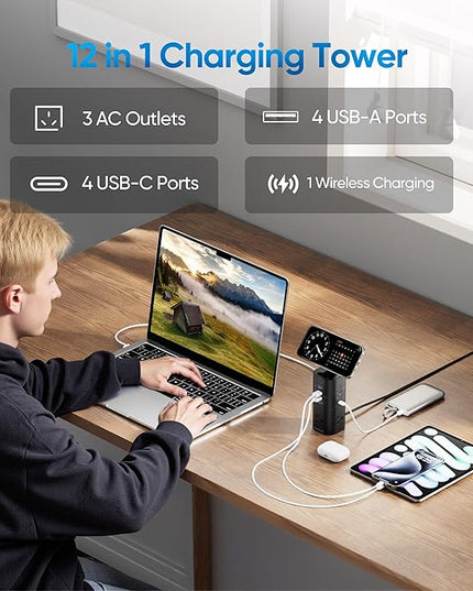 Flat Plug Surge Protector Tower, TenTrend Power Strip Tower with Surge Protection, 3 AC Outlets & 8 USB Ports, 5FT Extension Cord, 115W Total Fast Charging Tower for Multiple Devices