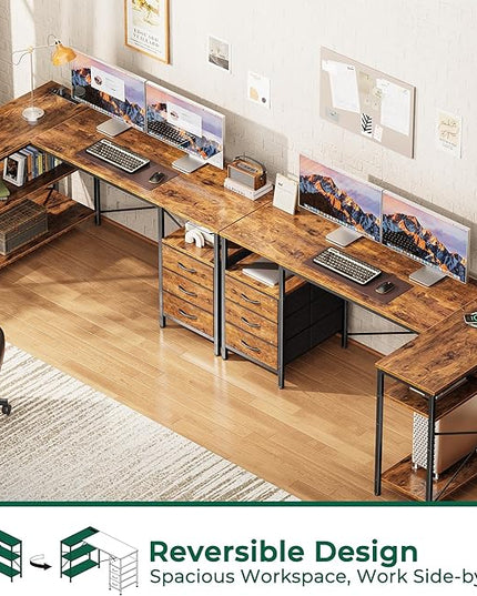 Huuger L Shaped Office Desk with Power Outlets, 55 Inch Computer Desk with 3 Drawers, Shelves, Reverisble for Gaming Corner Work Home Office Study, Rustic Brown