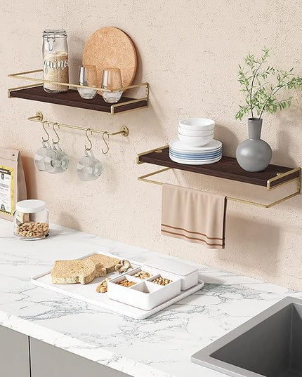 Floating Shelves Bathroom Shelves Over Toilet Set of 2, Bathroom Wall Shelves with Towel Bar, Wall Mounted Vanity Shelf for Bedroom, Kids Room, Kitchen (Brown & Gold)