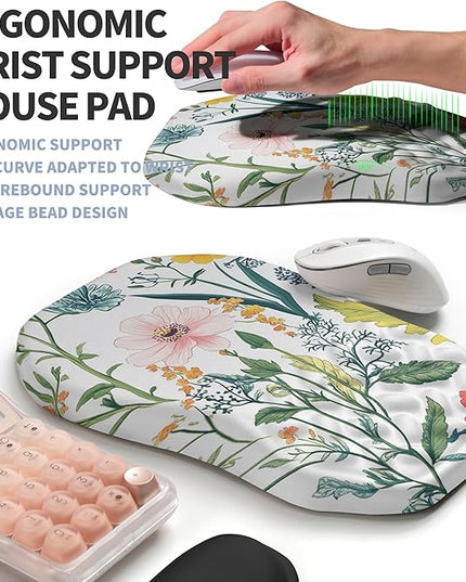 2-in-1 Ergonomic Set, Wave Keyboard Wrist Rest and Massage Slope Mouse Pad Wrist Support, Rebound Memory Foam for Relieve Carpal Tunnel Syndrome and Wrist Pain (Pink Flowers)