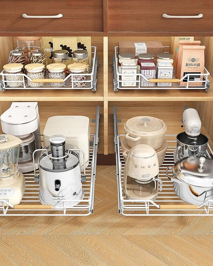 Pull out Cabinet Organizer, 12"W X 21"D, Heavy Duty Smooth Sliding Under Cabinet Shelves for Pots and Pans, Full-Extension Roll out Drawers, Slide out Organization for Home Kitchen Pantry, White